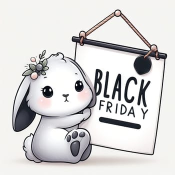 Cute bunny with banner that says Black Friday, concept seasonal discounts and sales