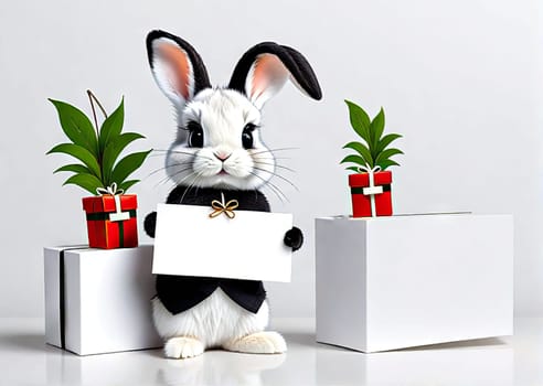 Rabbit holding a blank banner design for your mock up text