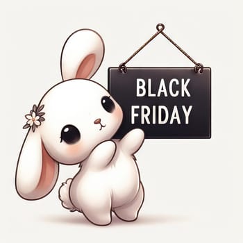 Cute bunny with banner that says Black Friday, concept seasonal discounts and sales