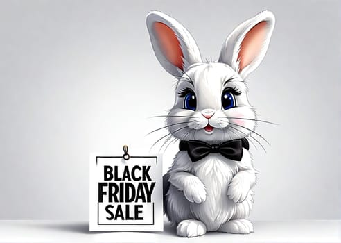 Cute bunny with banner that says Black Friday, concept seasonal discounts and sales