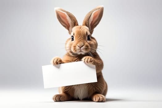 Fluffy rabbit looks at the sign. Easter Bunny. Rabbit for advertising