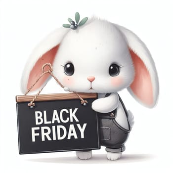 Cute bunny with banner that says Black Friday, concept seasonal discounts and sales