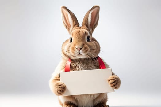 Fluffy rabbit looks at the sign. Easter Bunny. Rabbit for advertising