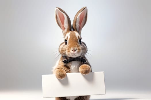 Fluffy rabbit looks at the sign. Easter Bunny. Rabbit for advertising