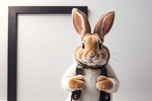 Fluffy rabbit looks at the sign. Easter Bunny. Rabbit for advertising