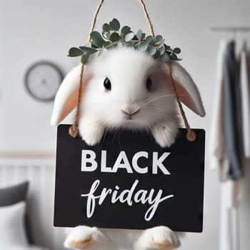 Cute bunny with banner that says Black Friday, concept seasonal discounts and sales