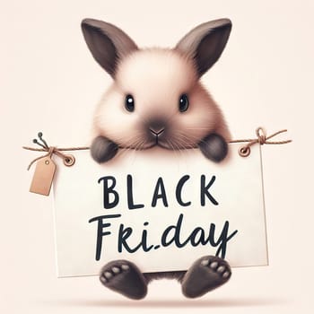 Cute bunny with banner that says Black Friday, concept seasonal discounts and sales