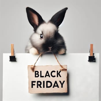 Cute bunny with banner that says Black Friday, concept seasonal discounts and sales