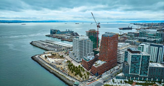 Image of Aerial Mission Bay with Mission Rock and view of tankers in San Francisco Bay