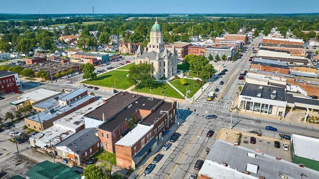 Image of Downtown Columbia City aerial of shops and Whitley County courthouse