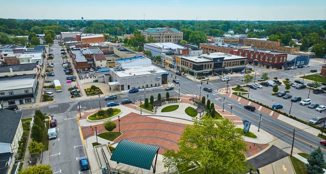 Image of Auburn downtown aerial over James Cultural Plaza with distant courthouse