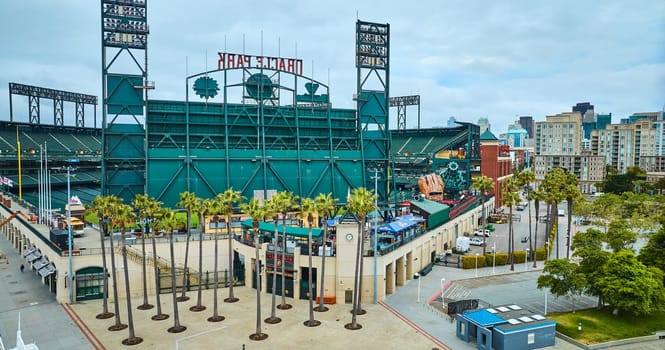 Image of Marina Gate Oracle Park aerial back entrance to Giants ballpark