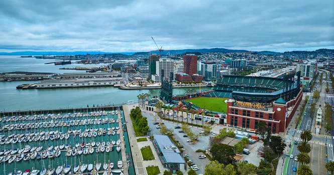 Image of Aerial South Beach Harbor and Oracle Park baseball diamond in front of Mission Bay