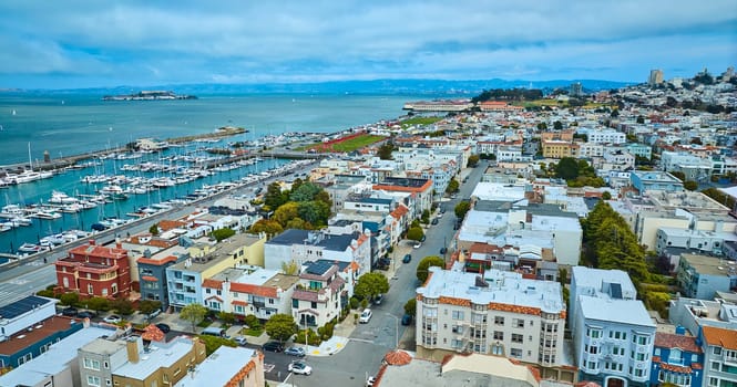 Image of San Francisco residential aerial of bay and Alcatraz Island in distance