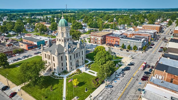 Image of Front entrance aerial view of Columbia City courthouse and downtown