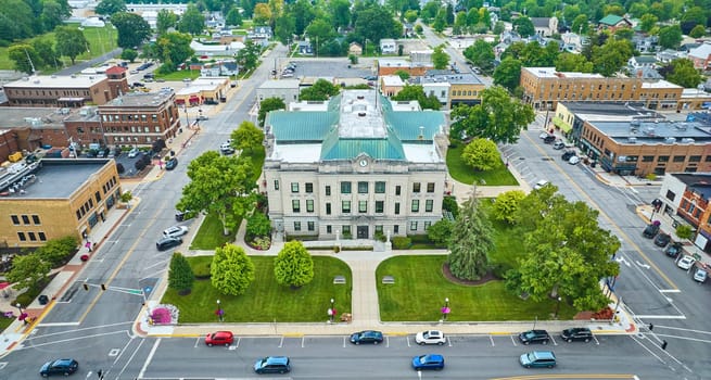 Image of Aerial entrance of Auburn courthouse with view of downtown buildings