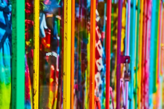 Image of Abstract view of colorful metal beams in rainbow pride array side view of padlocked gate