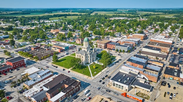 Image of Wide aerial view of Columbia City and Whitley County courthouse on bright sunny day