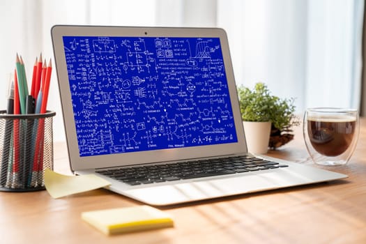 Mathematic equations and modish formula on computer screen showing concept of science and education