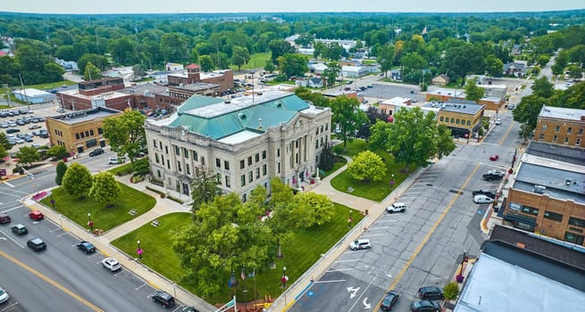 Image of Corner view Auburn courthouse with downtown buildings aerial