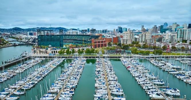Image of Aerial South Beach Harbor looking at Oracle Park with San Francisco skyline