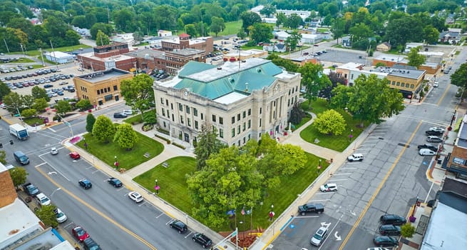 Image of Downtown Auburn courthouse aerial view with city buildings