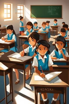 students and pupil in lesson at school in a classroom, bright dayligh, in uniform illustration generative ai art