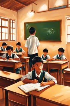 students and pupil in lesson at school in a classroom, bright dayligh, in uniform illustration generative ai art