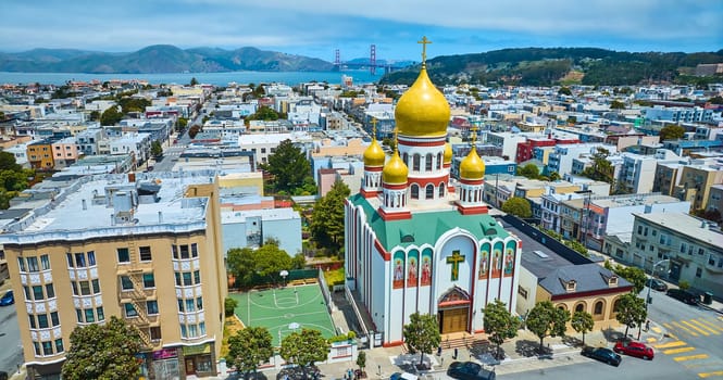 Image of Aerial Holy Virgin Cathedral Joy of All Who Sorrow with Golden Gate Bridge in background