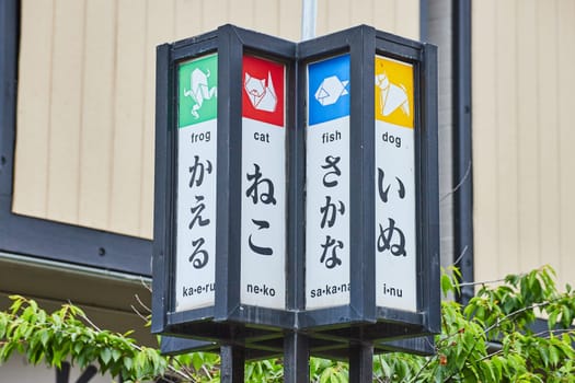 Image of Colorful sign with English and Japanese names for cat and dog with frog and fish
