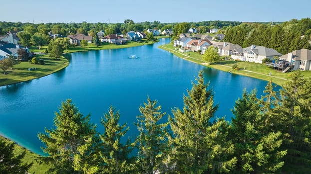 Image of Low aerial with tree top view of large pond with water fountain and rich neighborhood on sunny day