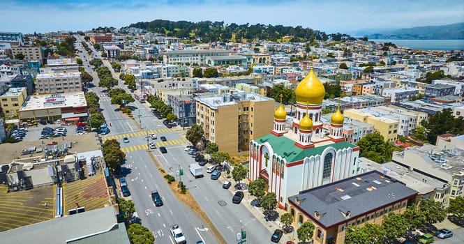 Image of Aerial view of Geary Blvd next to Holy Virgin Cathedral with city around it