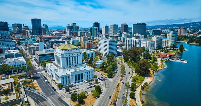 Image of Wide view of Oakland City in California with aerial of Alameda County Superior Courthouse