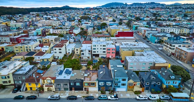 Image of Colorful houses side by side in endless rows in large city aerial