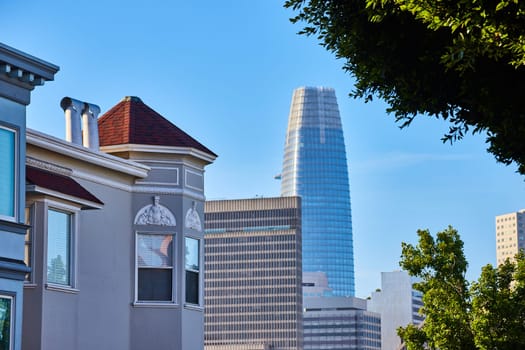 Image of Tops of buildings in San Francisco facing toward distant Salesforce Tower office building