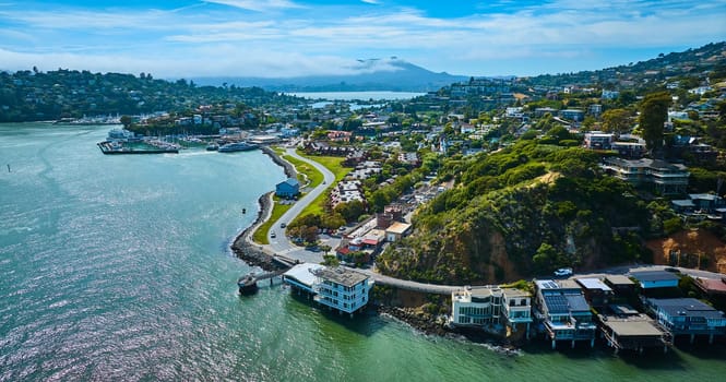 Image of Racoon Strait around Tiburon city with houses on hillside wide aerial with Corinthian Yacht Club