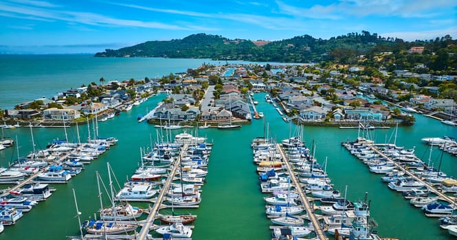Image of Tiburon Yacht Club boats aerial overlooking waterfront houses in Paradise Cay Yacht Harbor