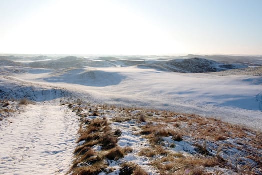 snow covered links golf course in ireland in winter