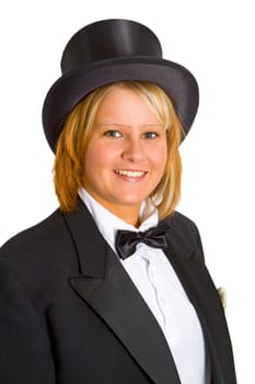 Young attractive woman with chapeau claque on white background