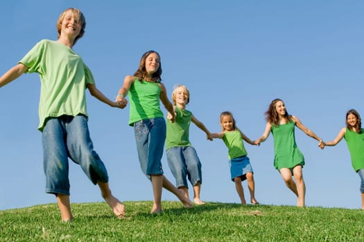 happy healthy lifestyle kids walking on hill