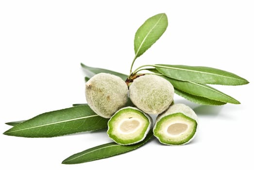 Green raw almonds isolated over a white background.