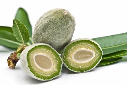 Green raw almonds isolated over a white background.