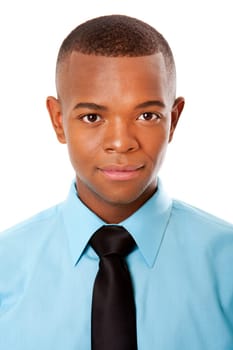 Face of handsome happy young male corporate MBA business student in blue shirt and black tie, isolated.