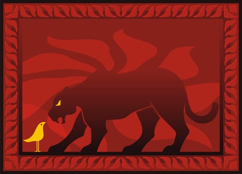 Bird and panther silhouettes on dark red decorative background