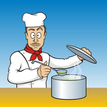 Cartoon chef with scoop testing the soup