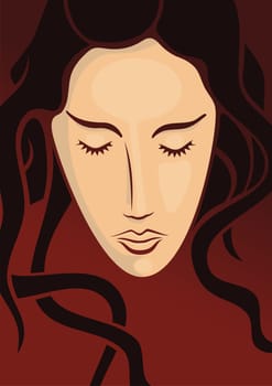 Young woman head with long hair on dark red background