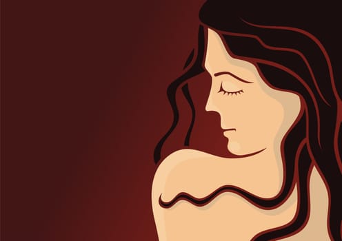 Young woman head with long hair on dark red background