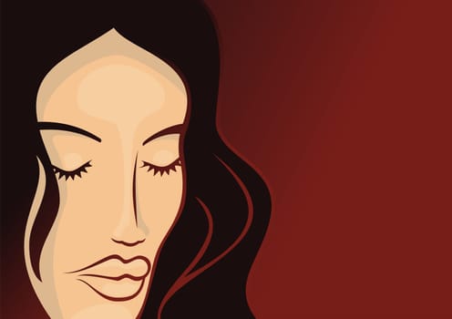 Young woman head with long hair on dark red background