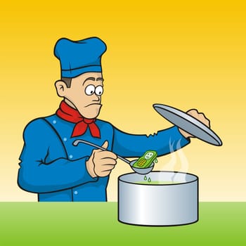Cartoon of teriffied chef looking cooked mobile phone