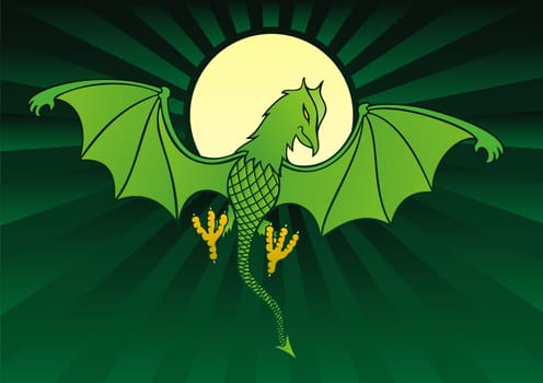 Green daemon on dark green background with full moon
